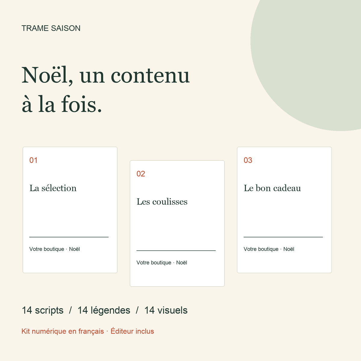 Aperçu du kit Trame Saison : 14 scripts, légendes et visuels de Noël pour artisans et petites boutiques.